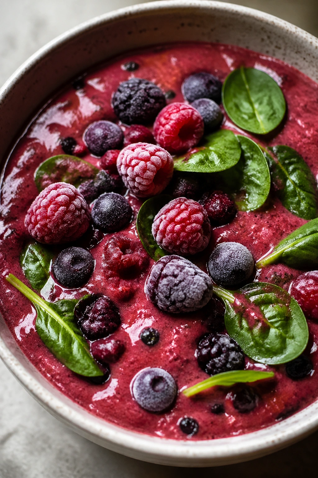 Thick smoothie bowl with berries and spinach on a kitchen counter
