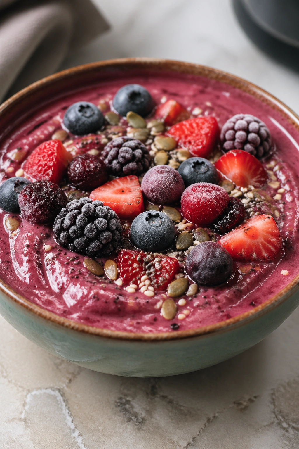 Thick smoothie bowl with frozen fruit and seeds