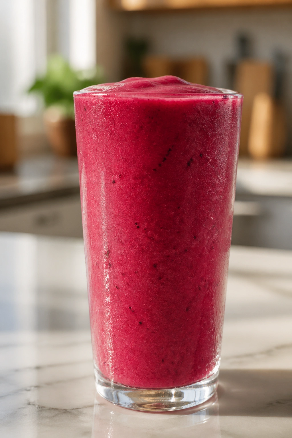 Tall glass of bright smoothie dominating frame on kitchen counter