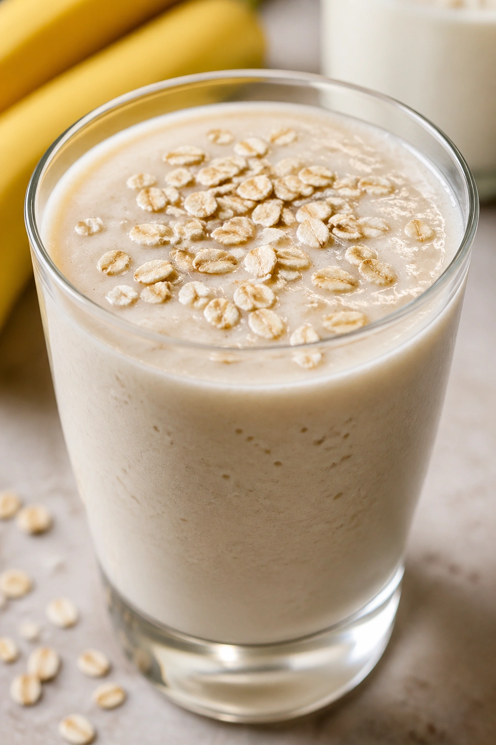 Close-up of smoothie with milk and oats in a glass