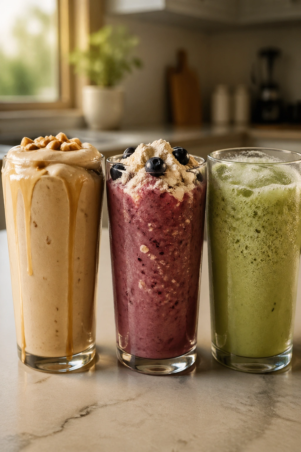 Three smoothies with varied textures arranged on a kitchen counter