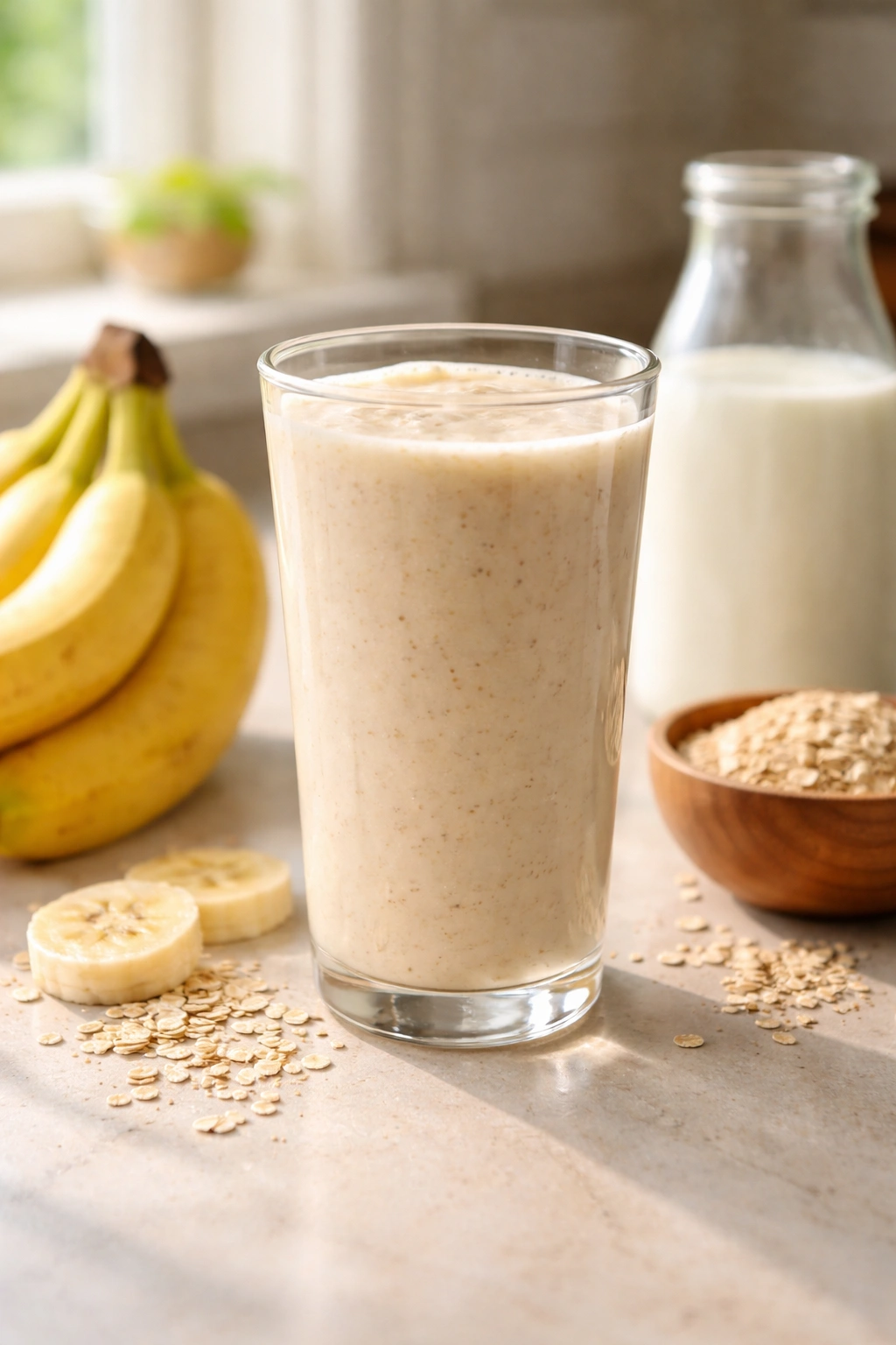 Tall glass of smoothie with oats visible on a kitchen counter