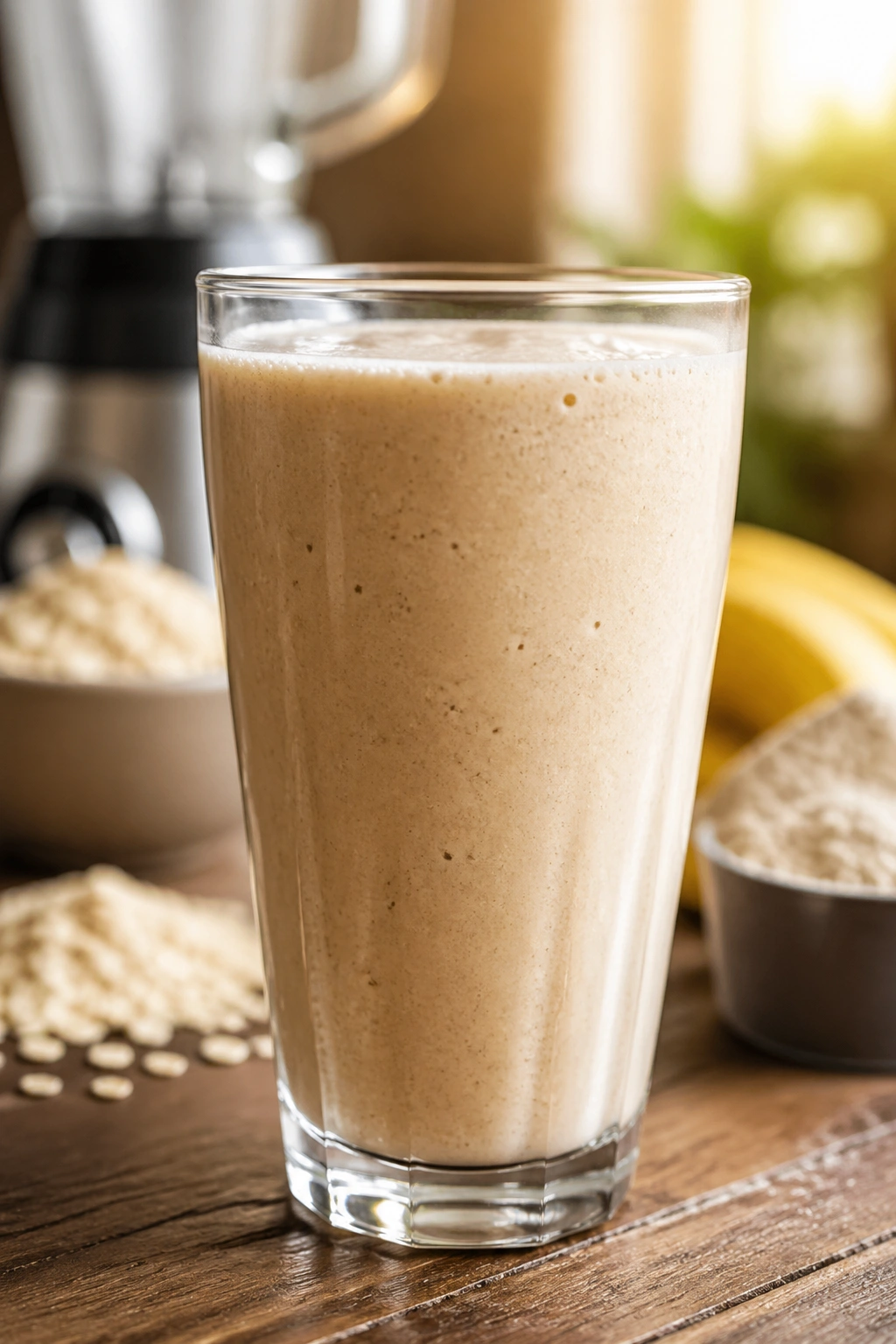 Close-up of a thick smoothie in a glass with oats and banana for pre-workout fuel