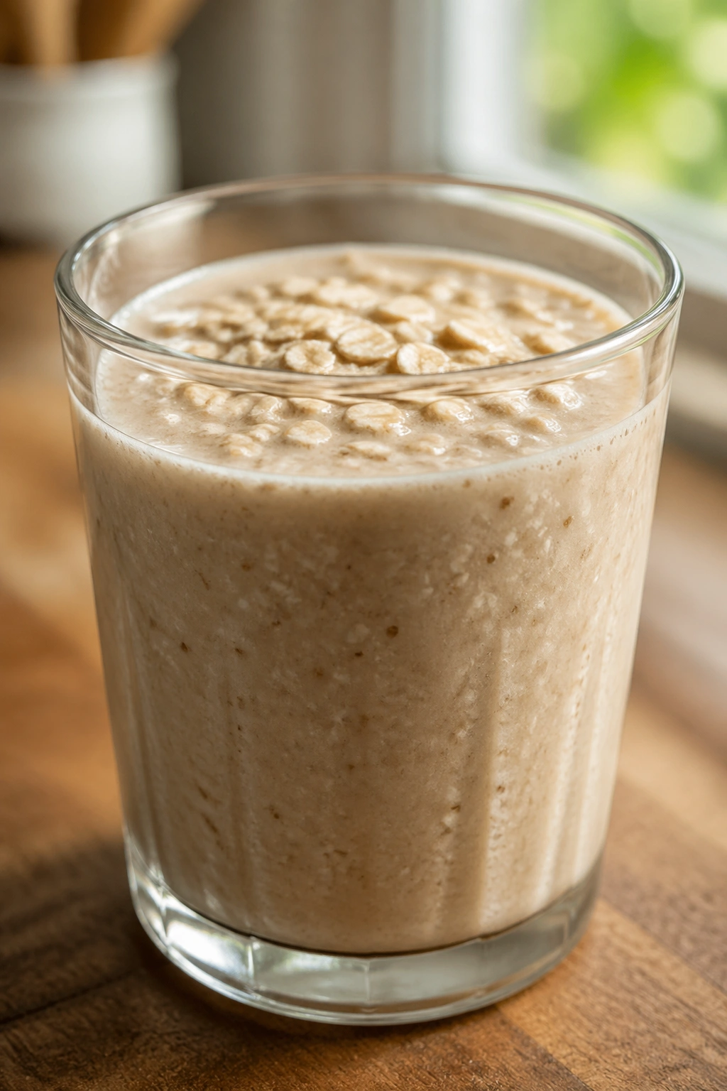 Close-up of a glass of oat-containing smoothie for pre-swim fueling