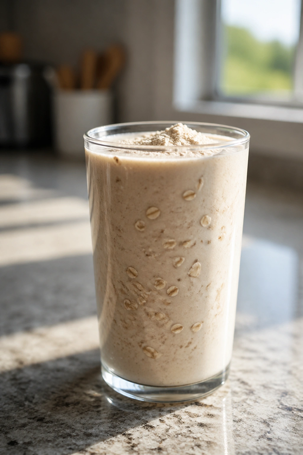 Tall glass smoothie with oats and protein powder on a kitchen counter
