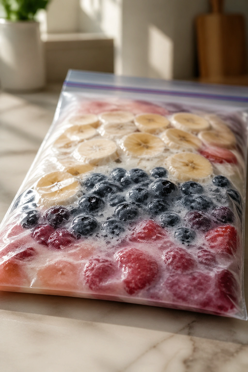 Transparent freezer bag with smoothie ingredients on kitchen counter