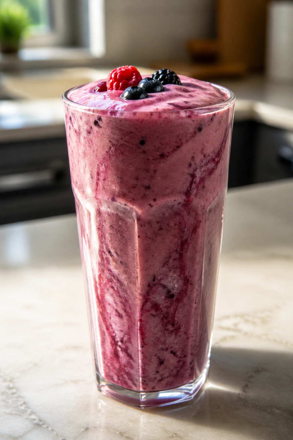 Tall glass of smoothie on kitchen counter
