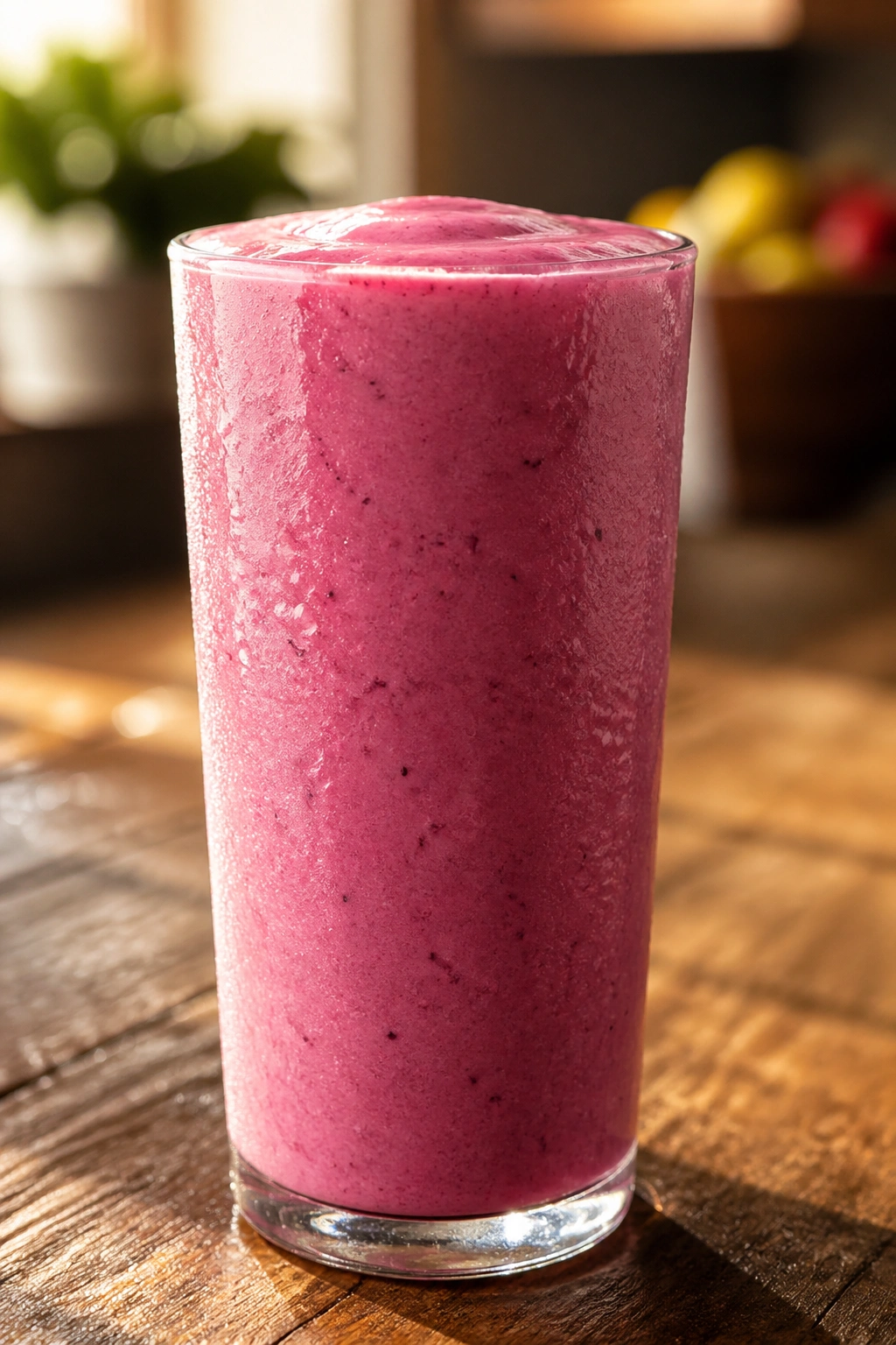 Close-up of a glass of pink smoothie on a wooden counter