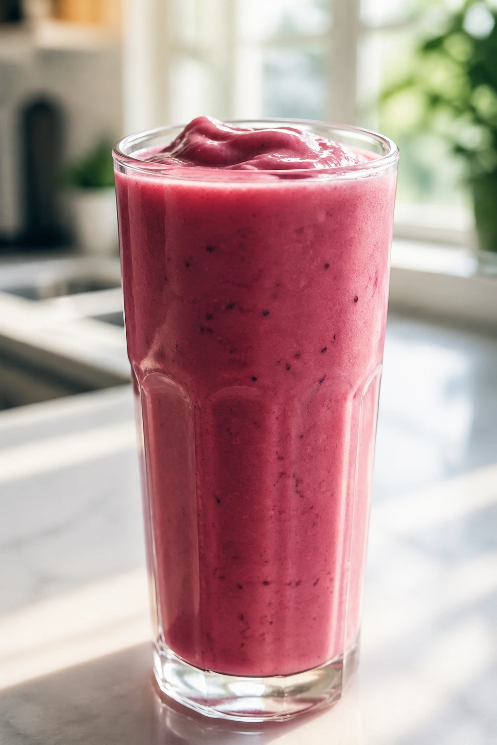 Close-up of a glass of smoothie on a kitchen counter in bright light.