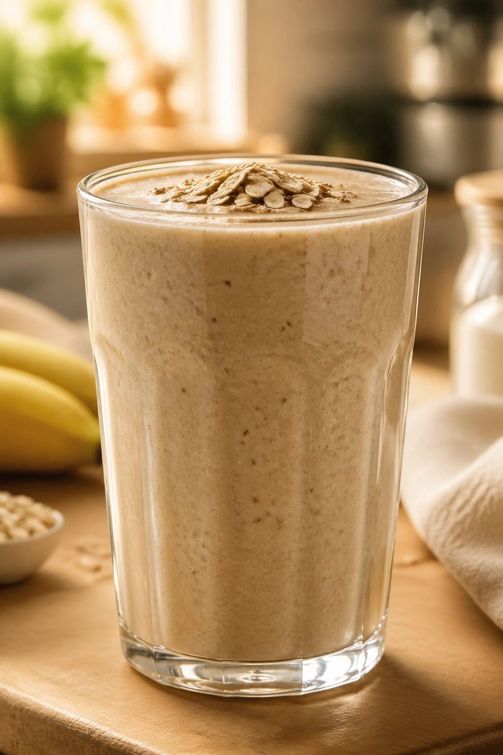 Close-up of a thick recovery smoothie in a glass on a sunlit kitchen counter