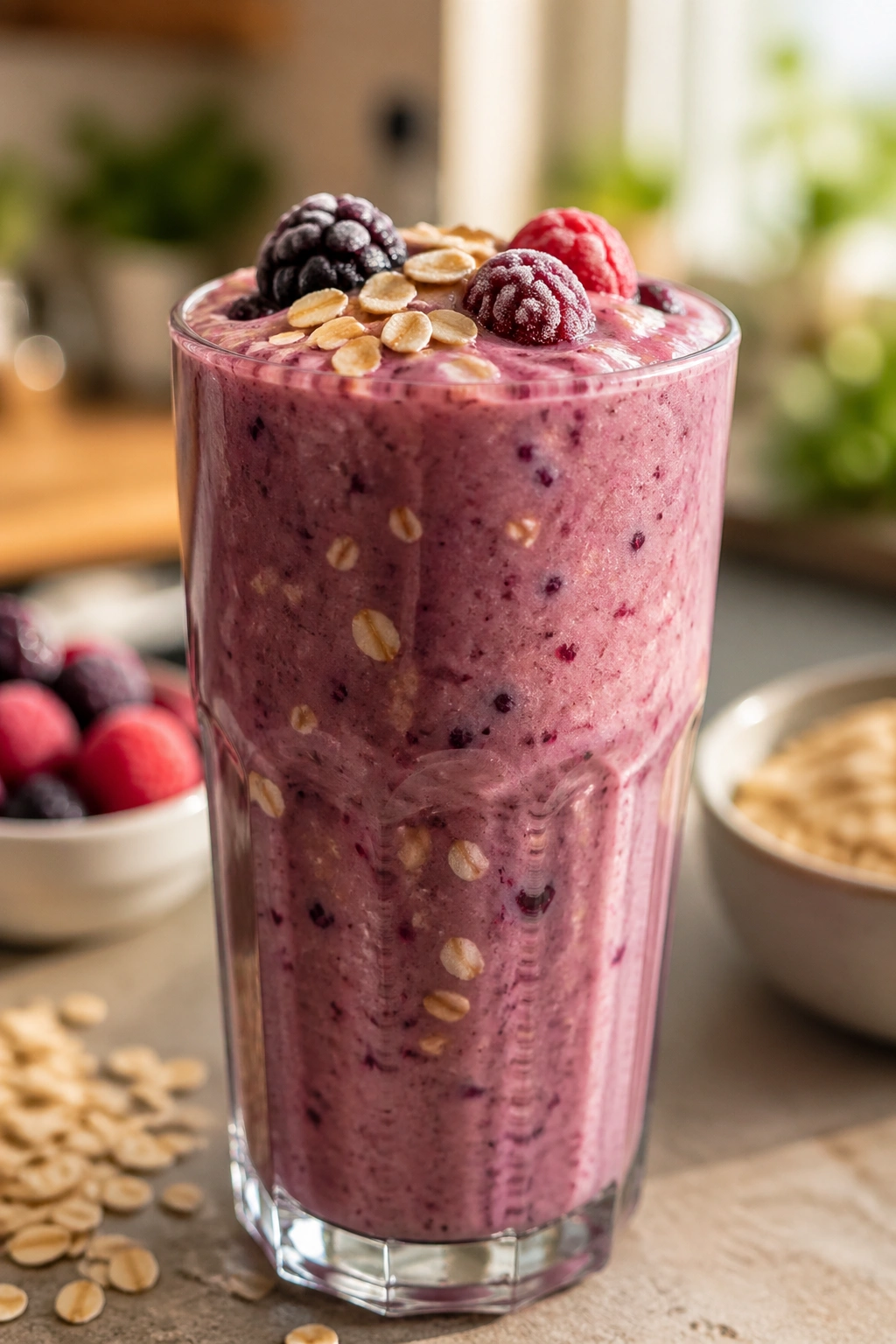 Close-up of a thick smoothie in a glass with oats and berries on a kitchen counter
