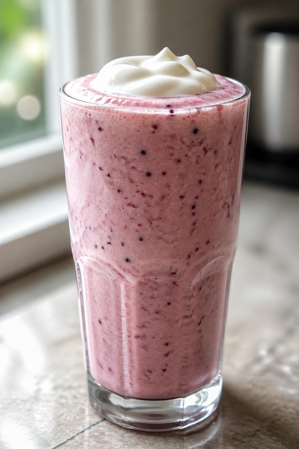 Glass of fruit smoothie with yogurt topping on a kitchen counter