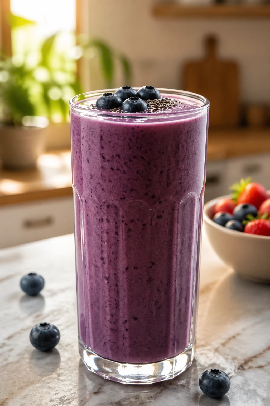 Close-up of a vibrant smoothie in a tall glass on a kitchen counter, representing a belly fat loss breakfast