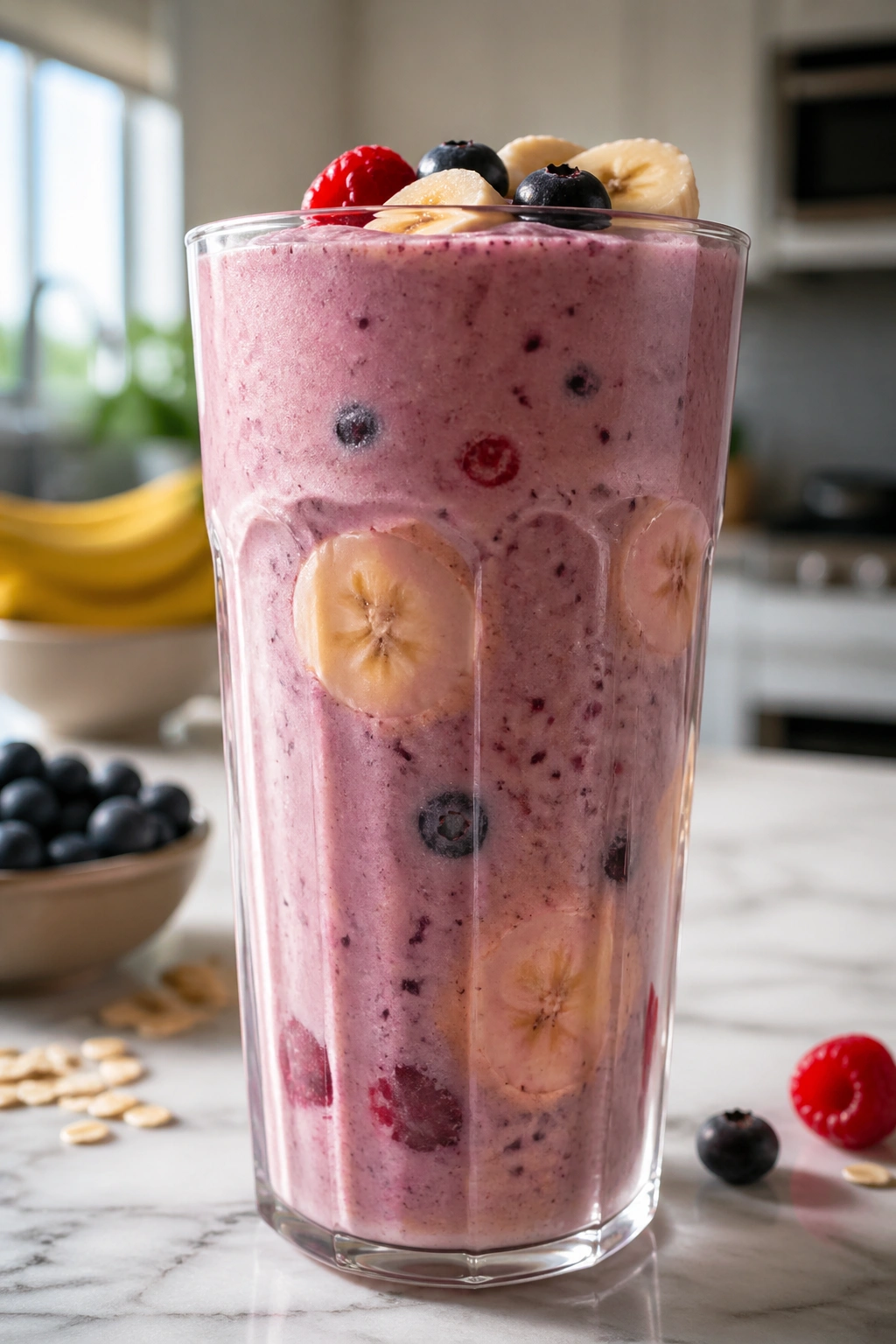 Tall glass of thick smoothie in a kitchen