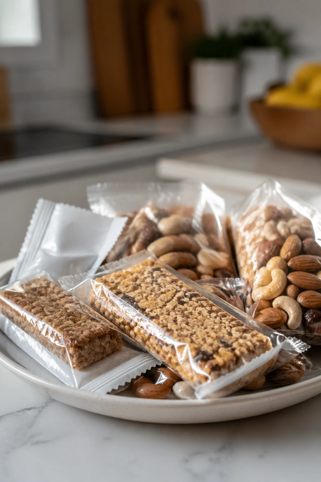 Assortment of generic blank-wrapped snacks on a plate