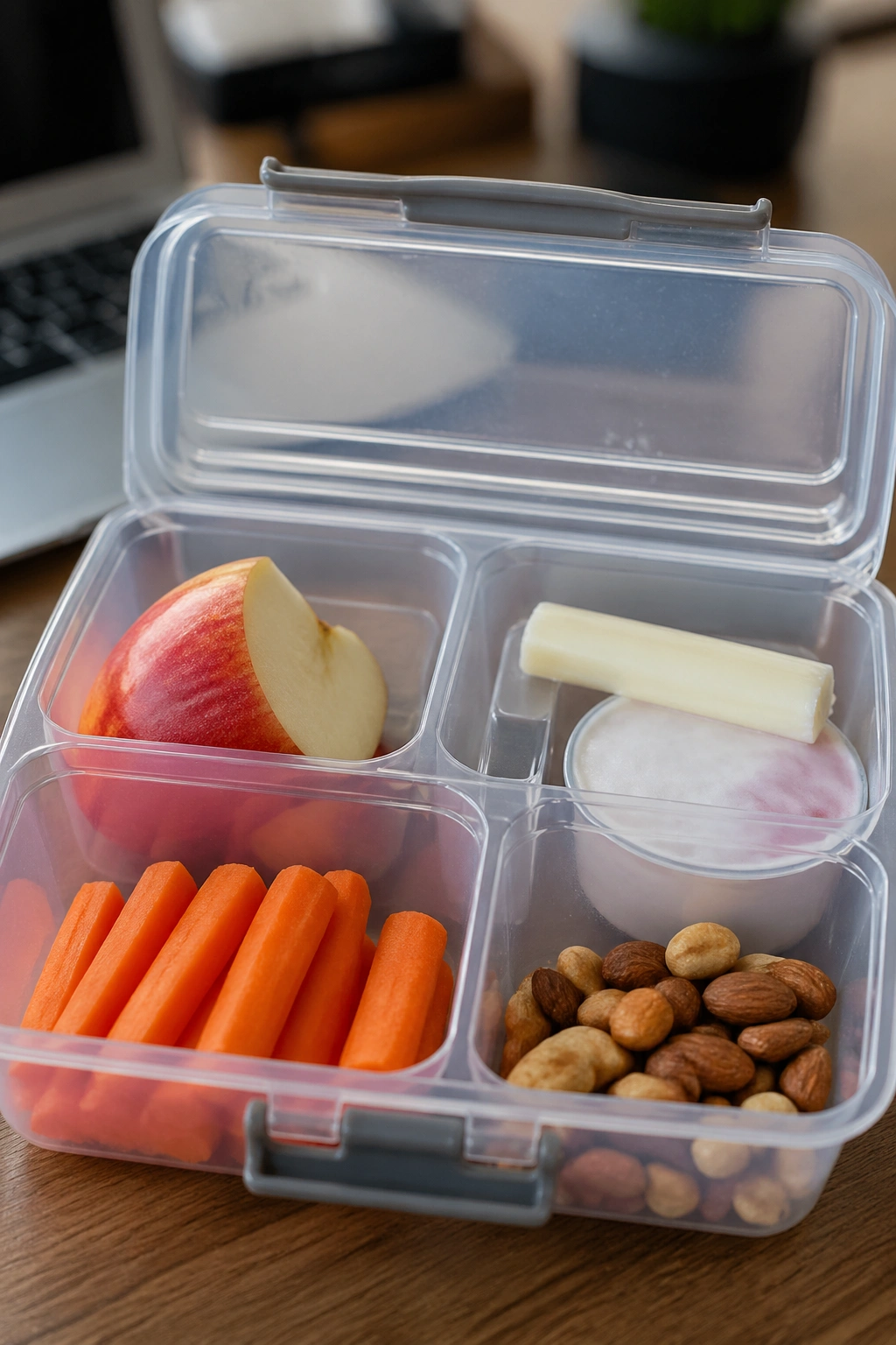 Open snack box with fruit, cheese, carrots, and nuts on a desk.