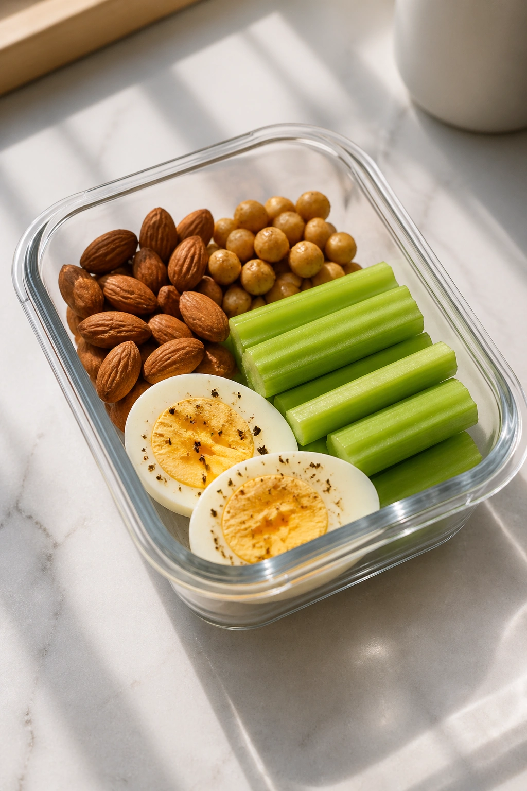 Small, portable snack container with a protein-and-fiber snack for busy days