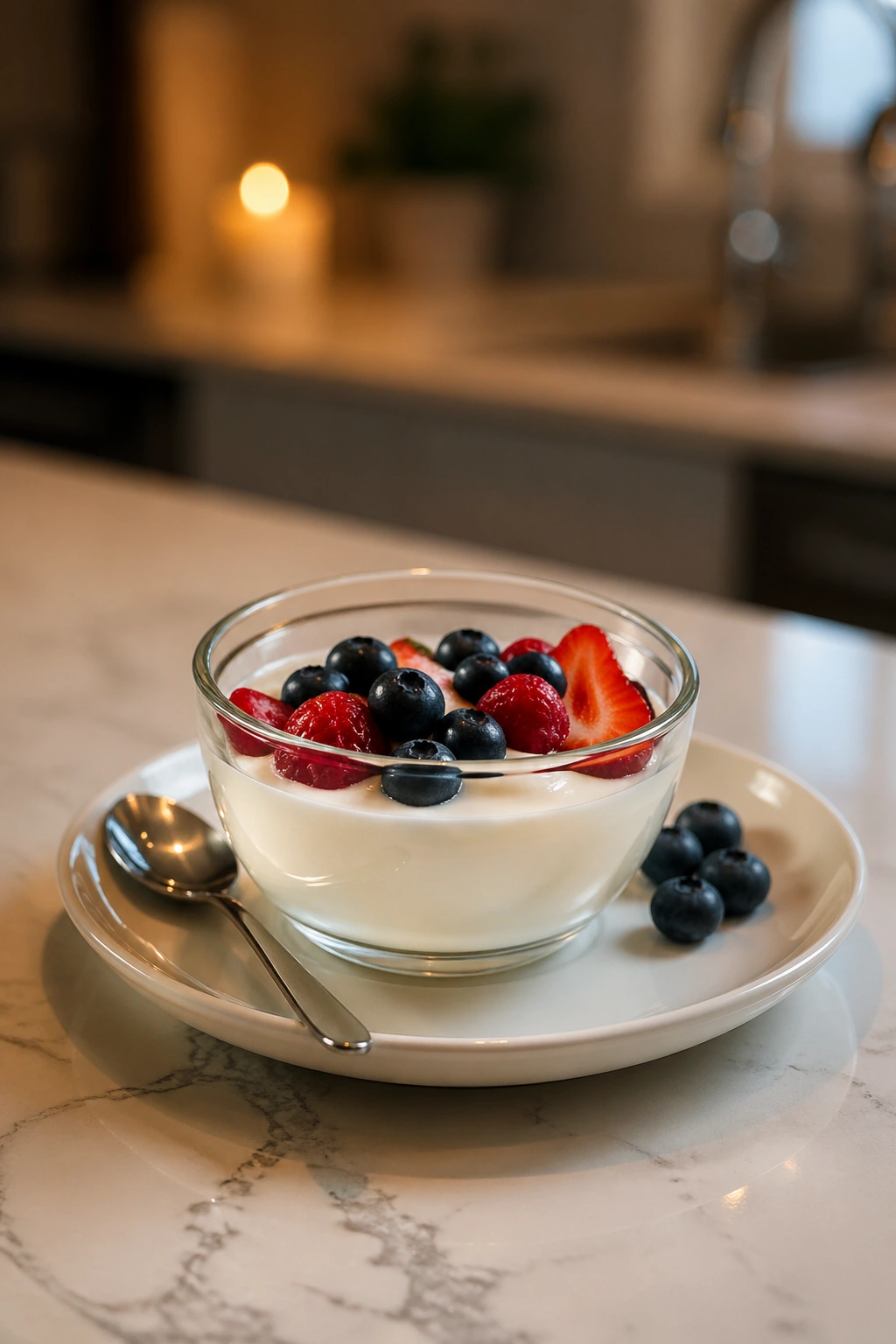 Small plate of Greek yogurt with berries on a kitchen counter