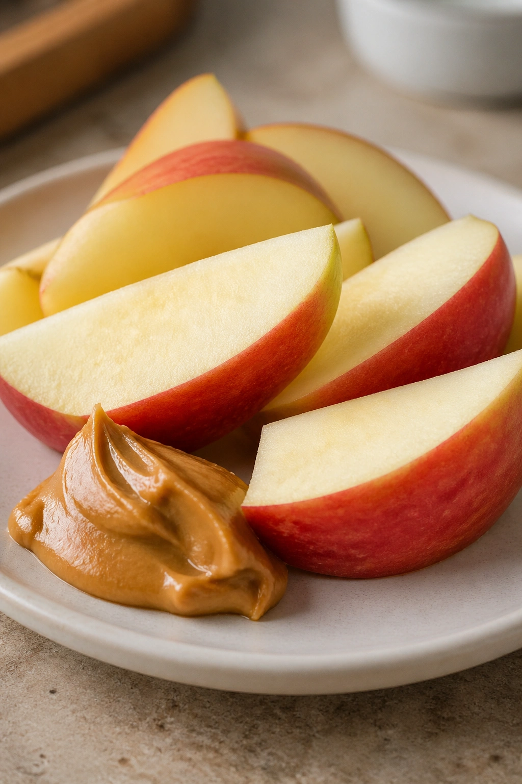 Close-up of apple with peanut butter showing a smart snack.