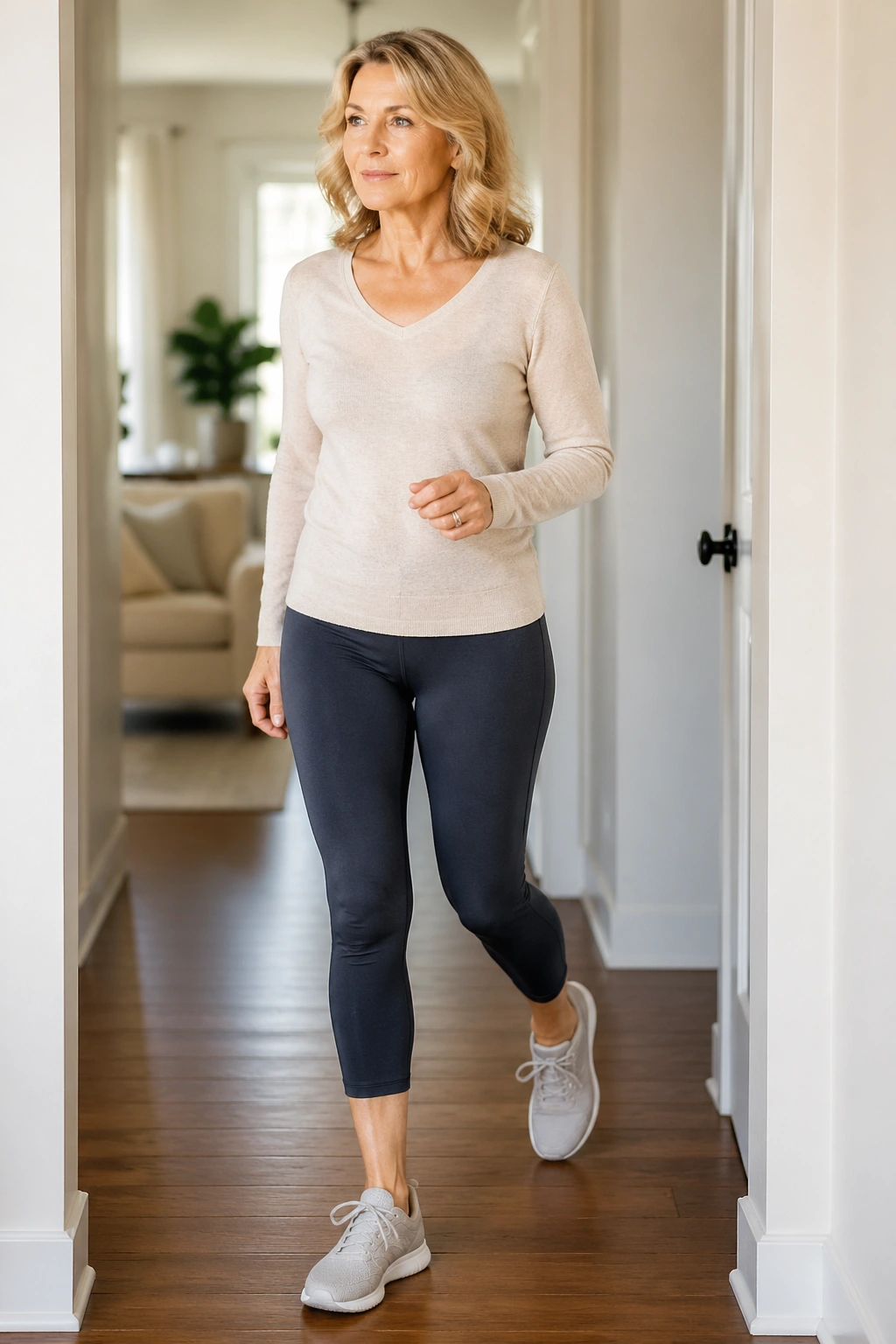 Medium close-up of a woman over 50 performing a subtle movement in a hallway