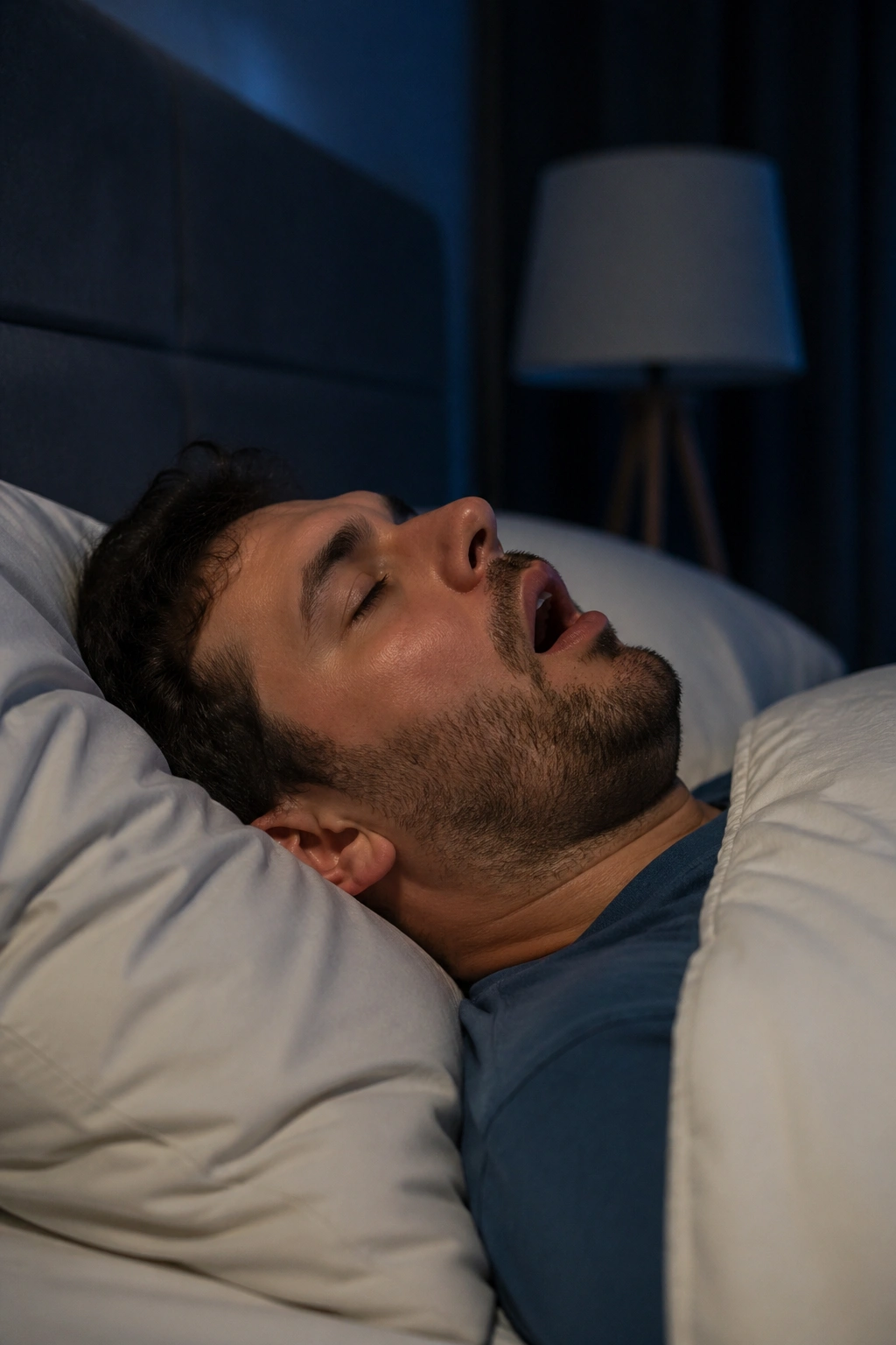 Side view of a sleeping person illustrating snoring and sleep apnea concept