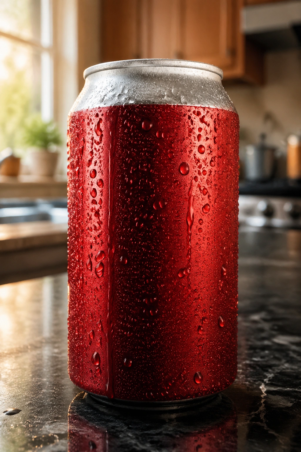 Close-up of a cold soda can with condensation on a kitchen counter, highlighting sugary beverage