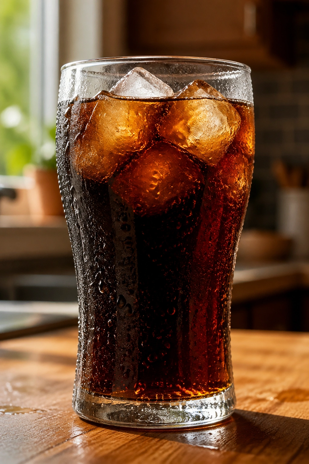 Glass of soda with condensation on a kitchen counter