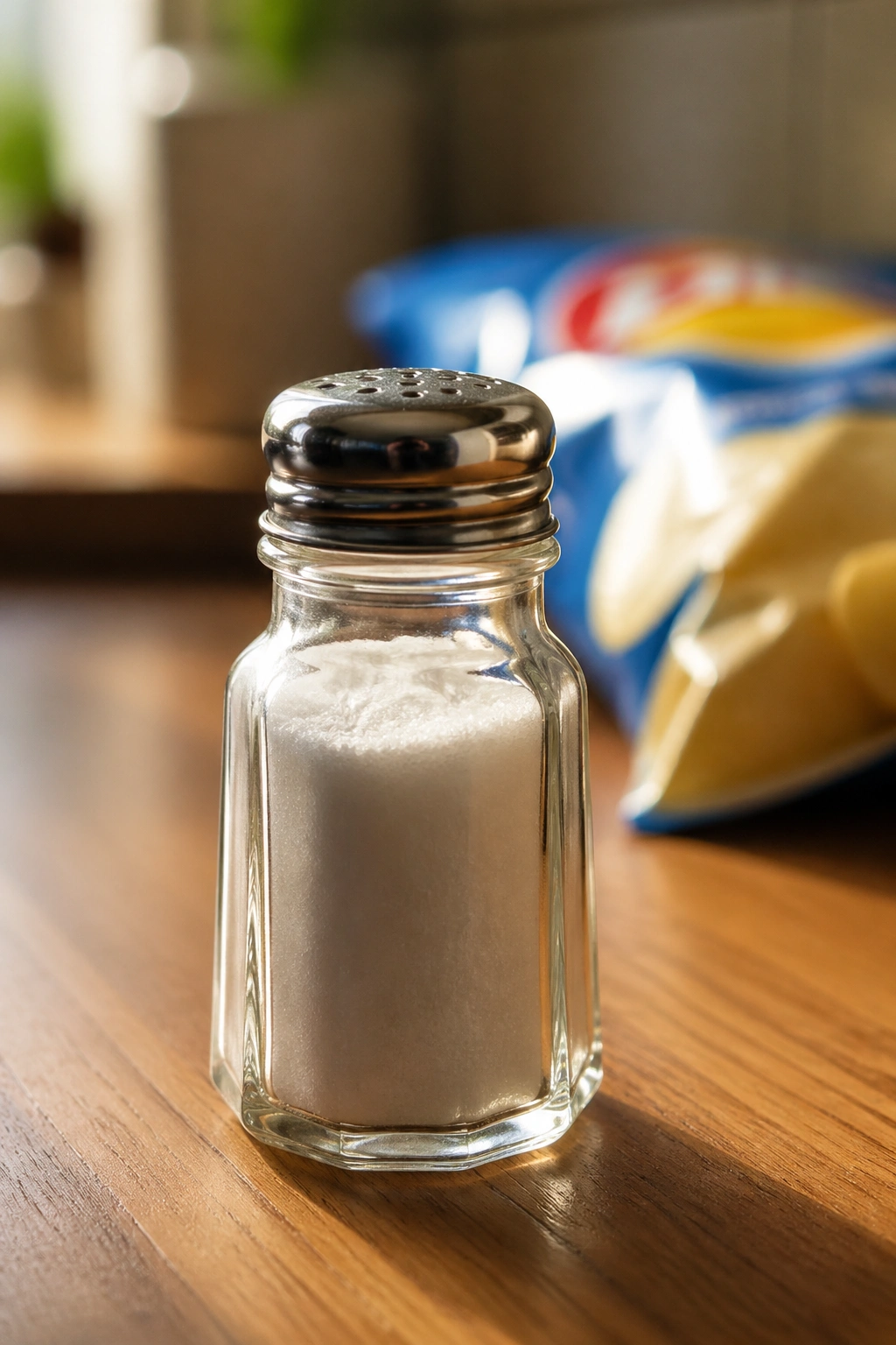 Salt shaker on kitchen counter representing sodium and processed foods