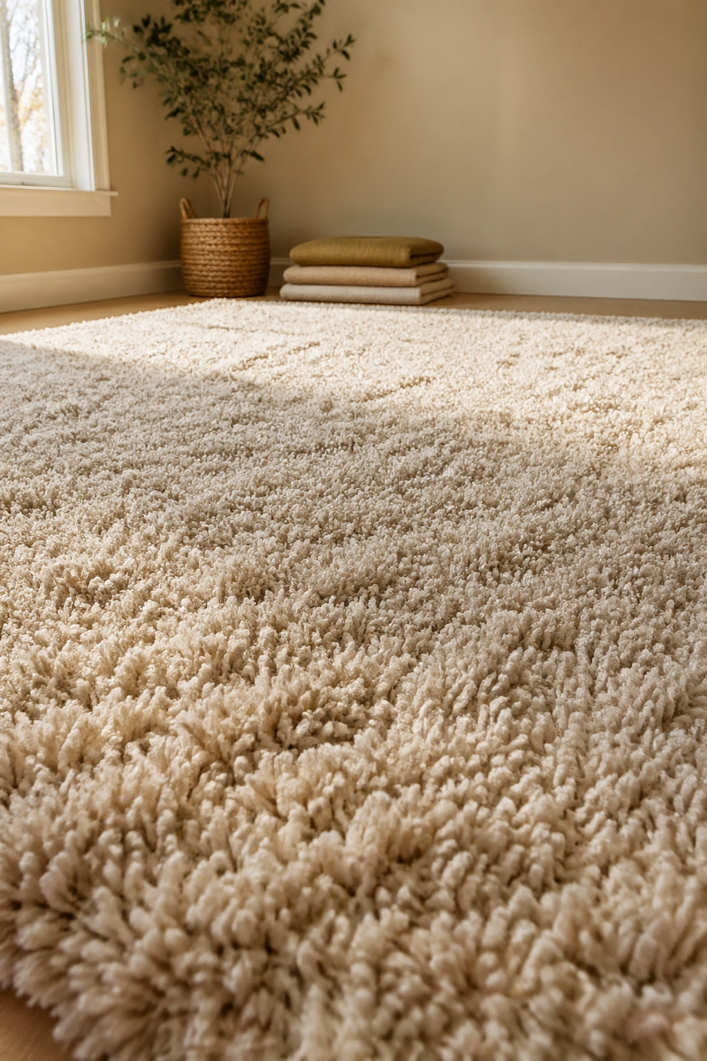 Close-up of a plush rug on a calm yoga room floor
