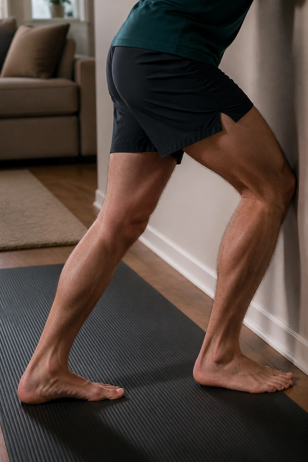 Lower leg in bent-knee soleus stretch with heel down