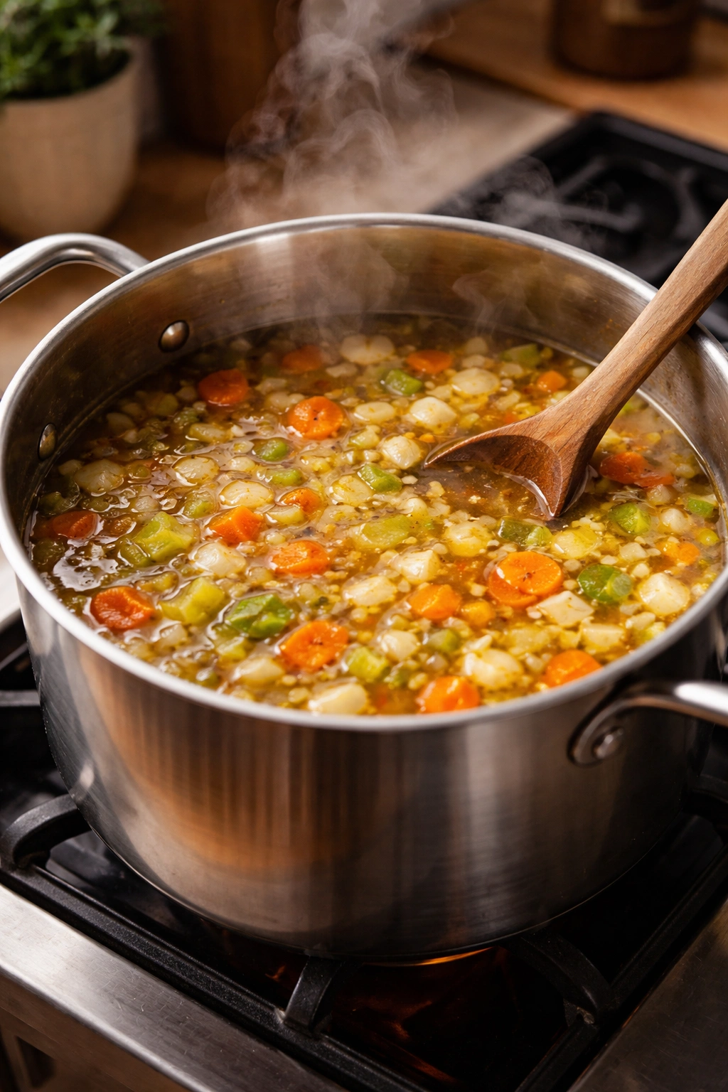 Close-up of simmering soup base with vegetables in a pot on the stove.