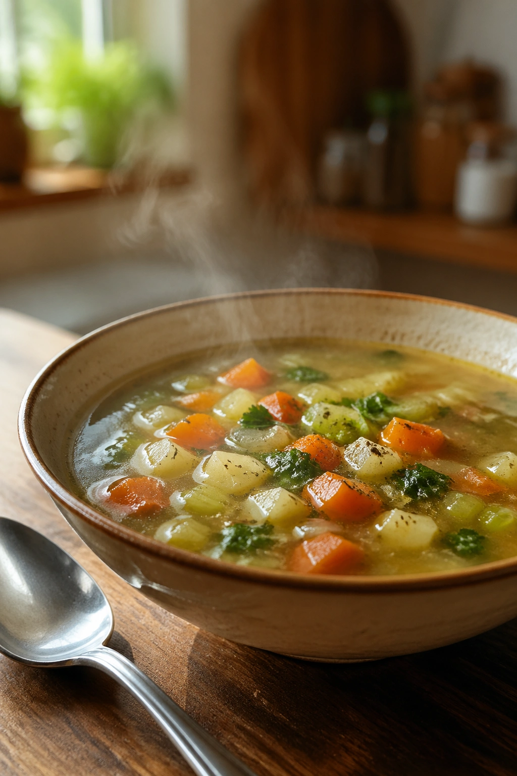 Steaming vegetable soup in a bowl on a wooden table.