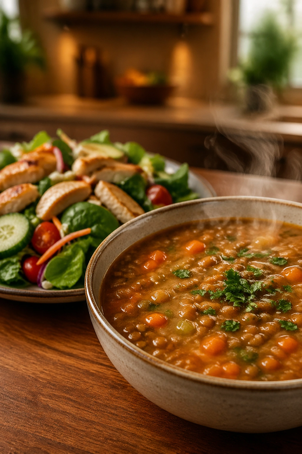 Close-up of hearty lentil soup with a side salad on a wooden table.