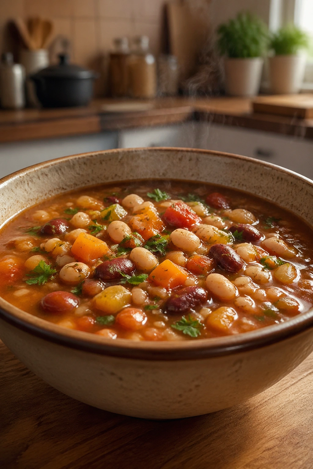 Bowl of steaming soup with beans and vegetables on a kitchen counter