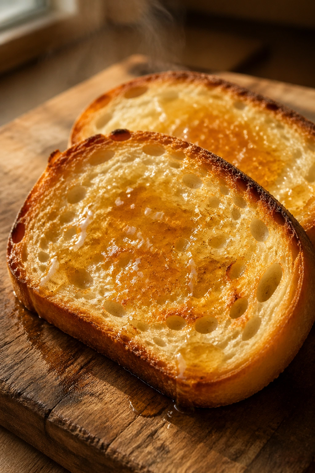 Two slices of toasted sourdough with honey on a wooden board