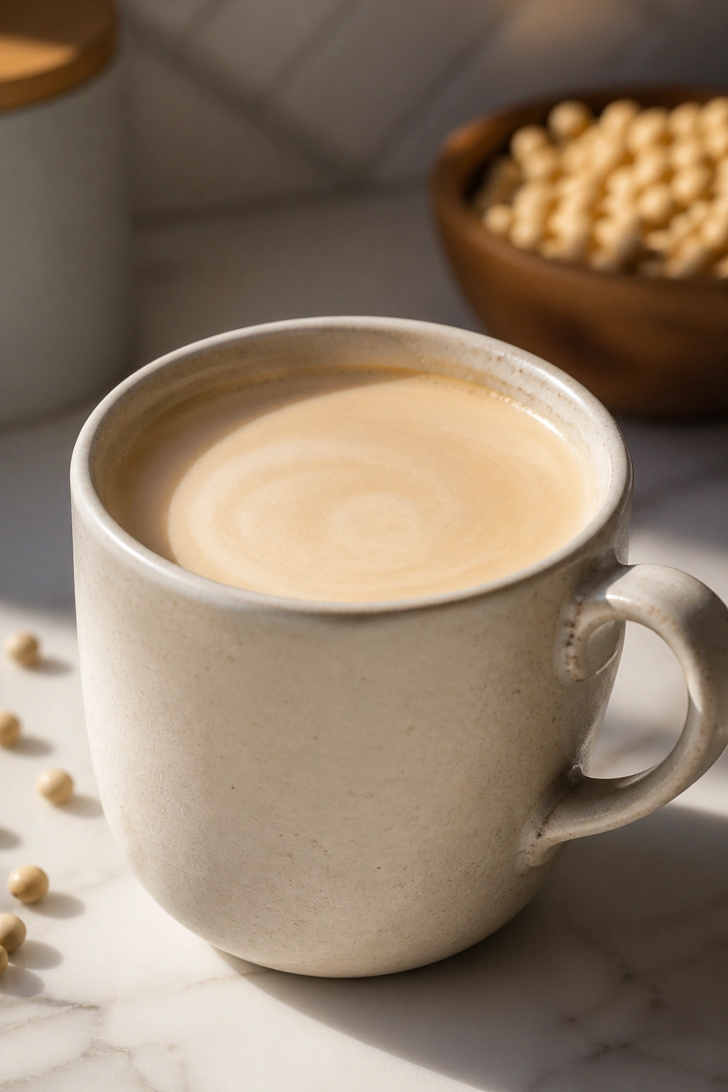 Close-up of unsweetened soy latte in a mug on a kitchen counter with soft morning light.