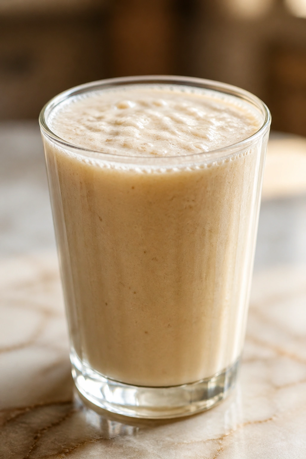 Close-up glass of soy milk banana shake in a kitchen setting.