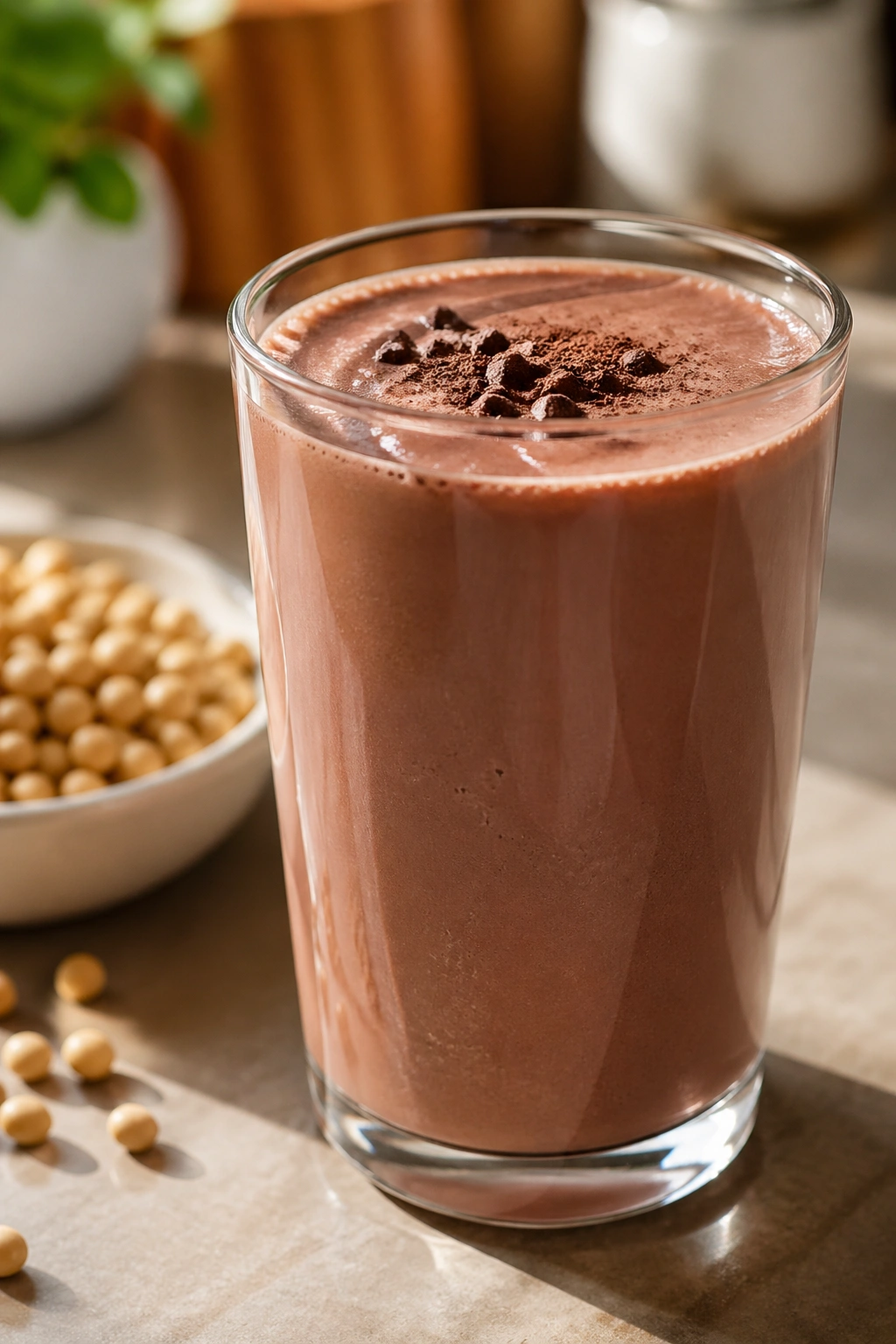 Glass of soy milk cocoa recovery shake