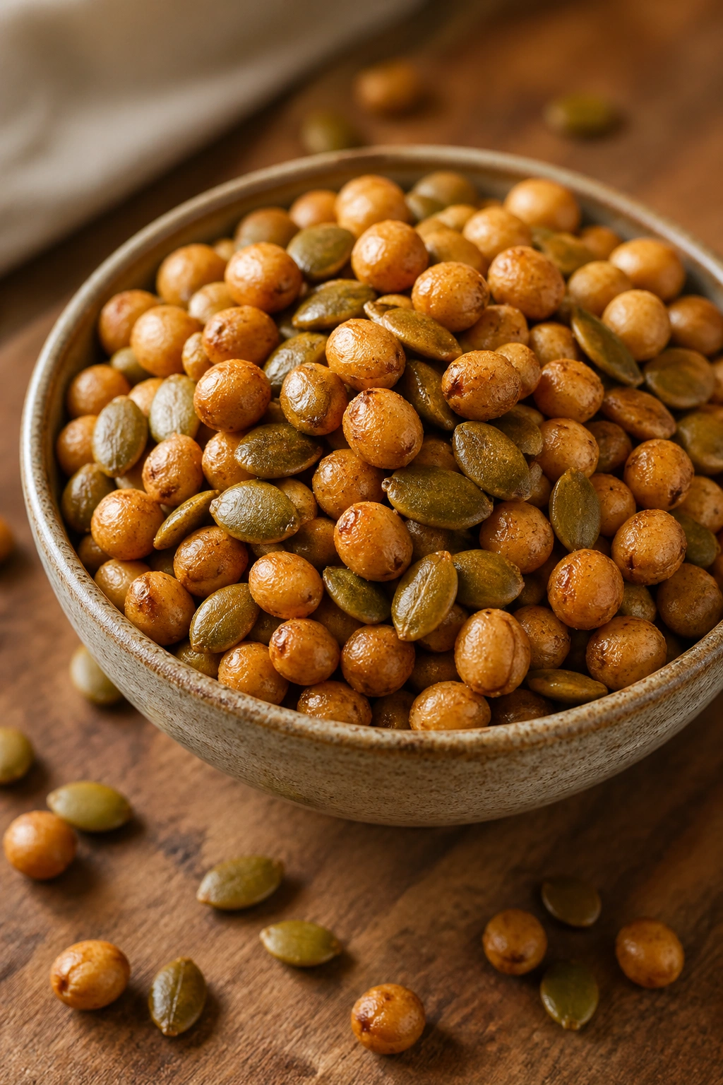 Crunchy roasted soy nuts and pumpkin seeds in bowl