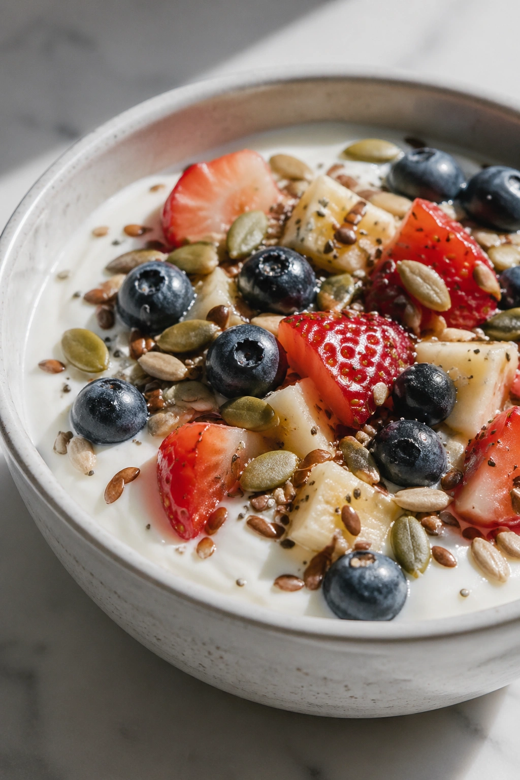 Soy yogurt with berries and seeds in a bowl