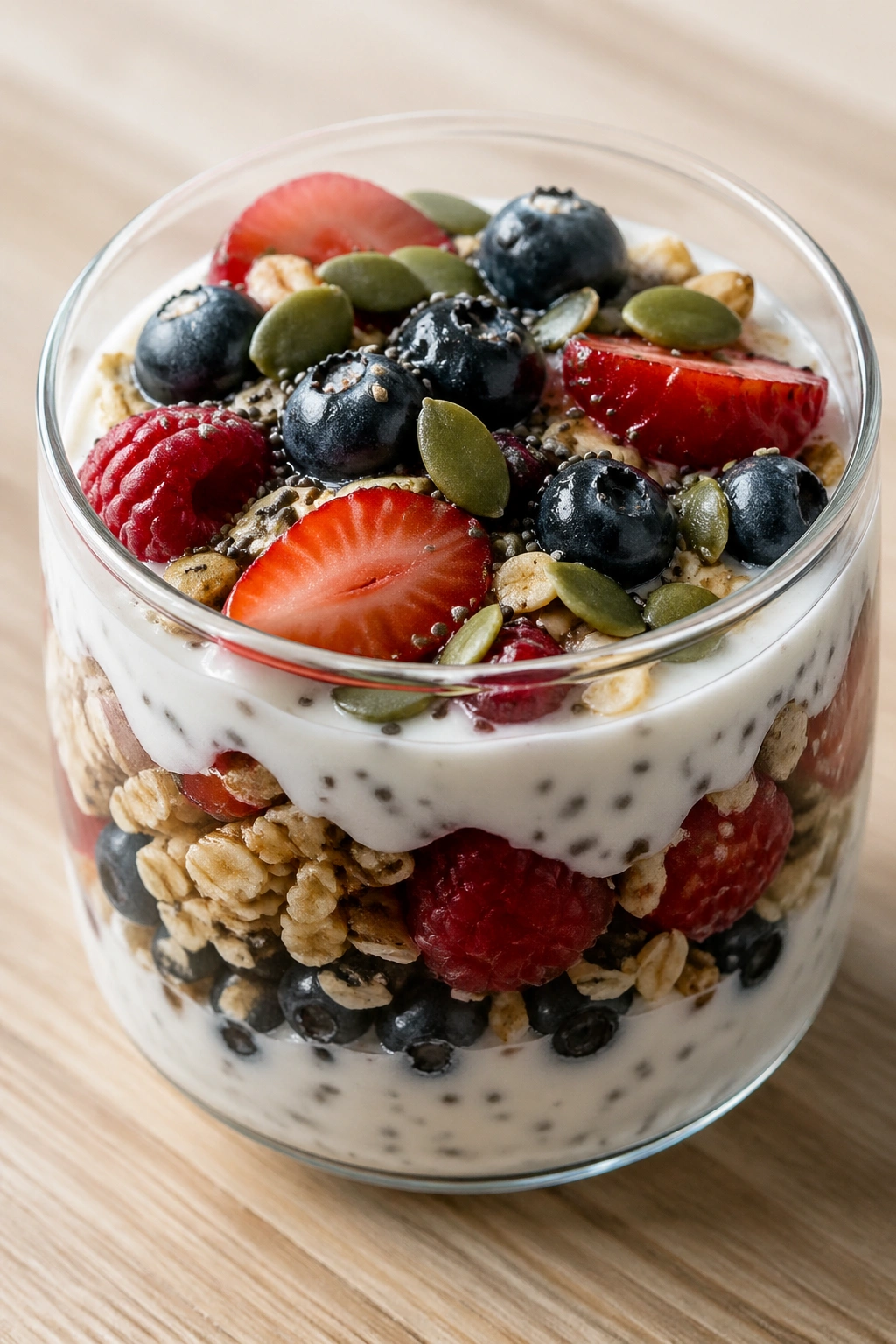 Parfait in glass with soy yogurt, berries, granola and seeds