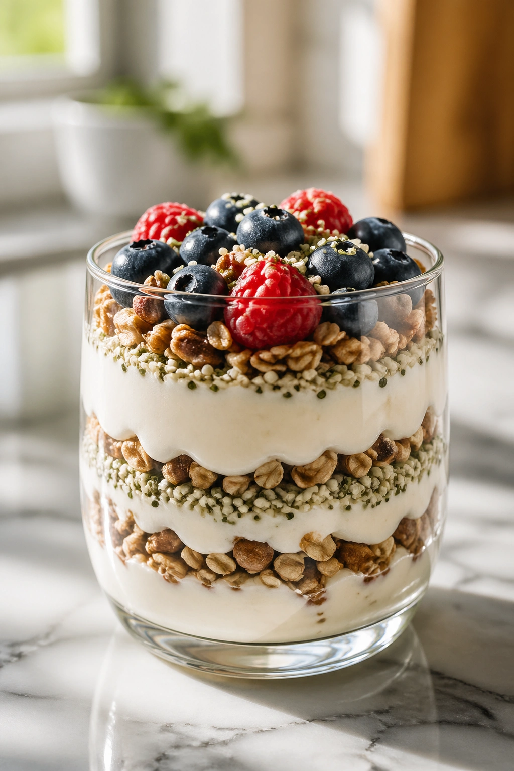 Layered soy yogurt parfait with granola and hemp hearts in a glass