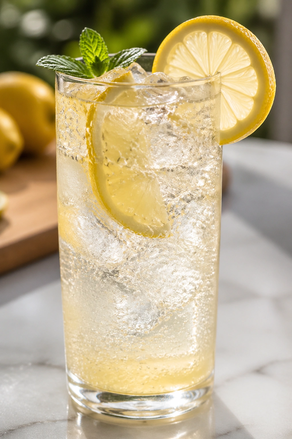Tall glass of sparkling lemon spritz with ice and lemon