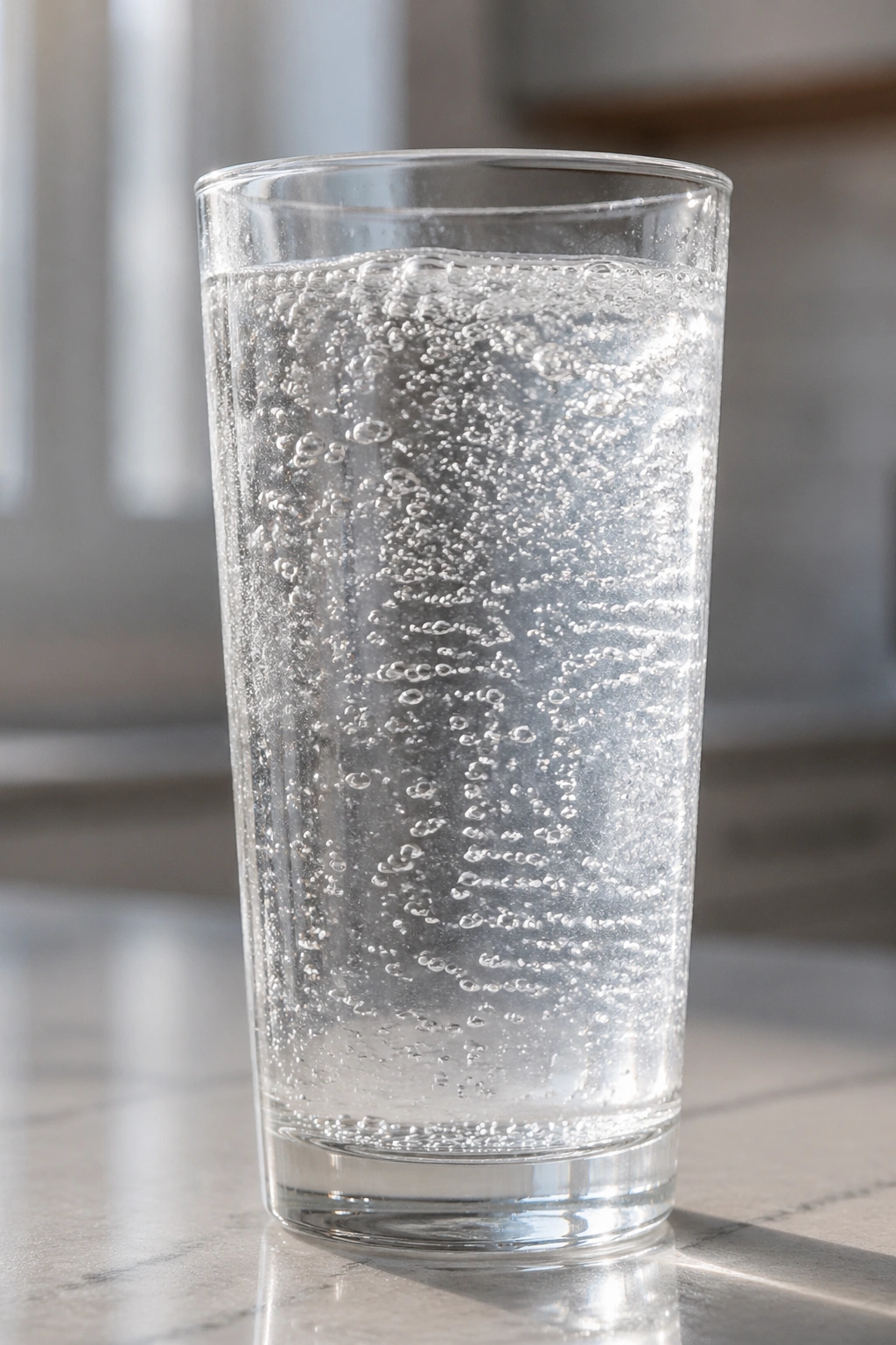 Tall glass of sparkling water with bubbles on a kitchen counter