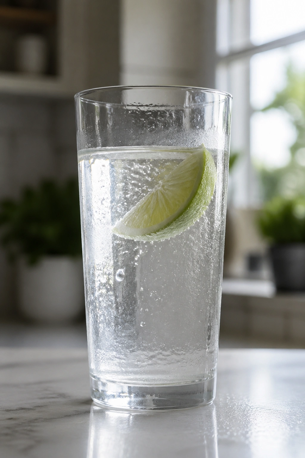 Tall glass of sparkling water with lime on kitchen counter