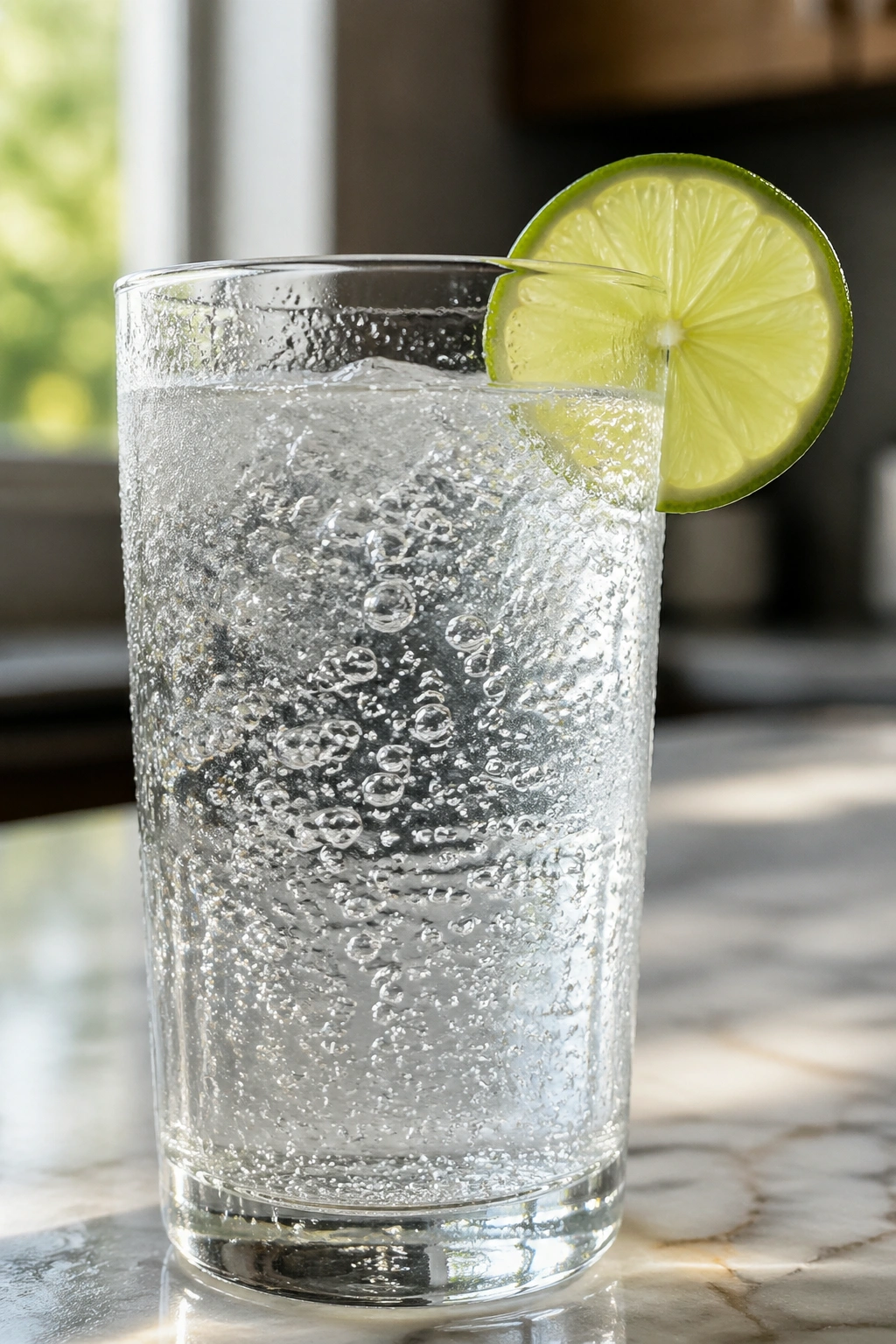 Close-up of a sparkling water with lime in a glass, bubbles and condensation on glass