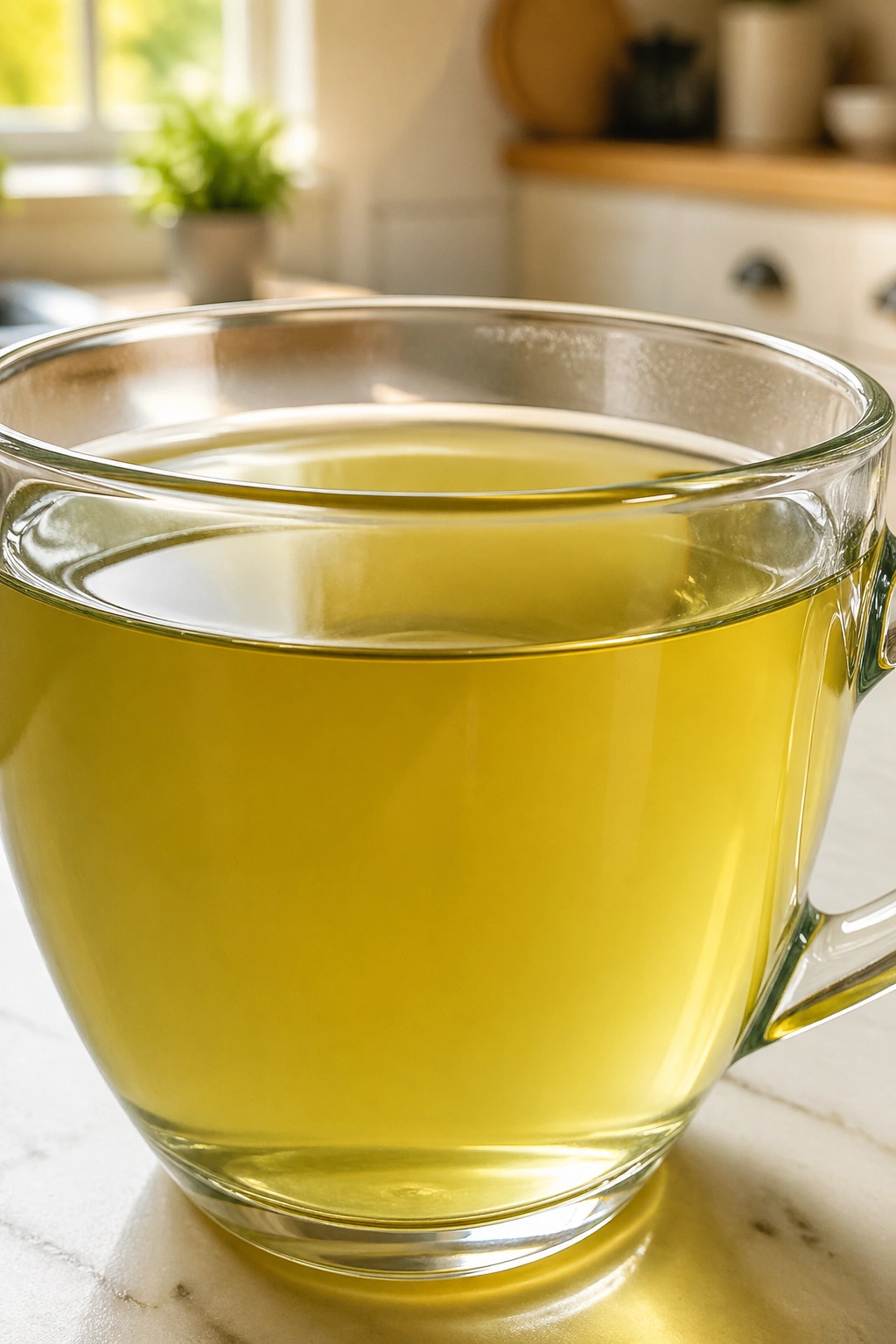 Close-up of a cup of spearmint tea in a bright kitchen