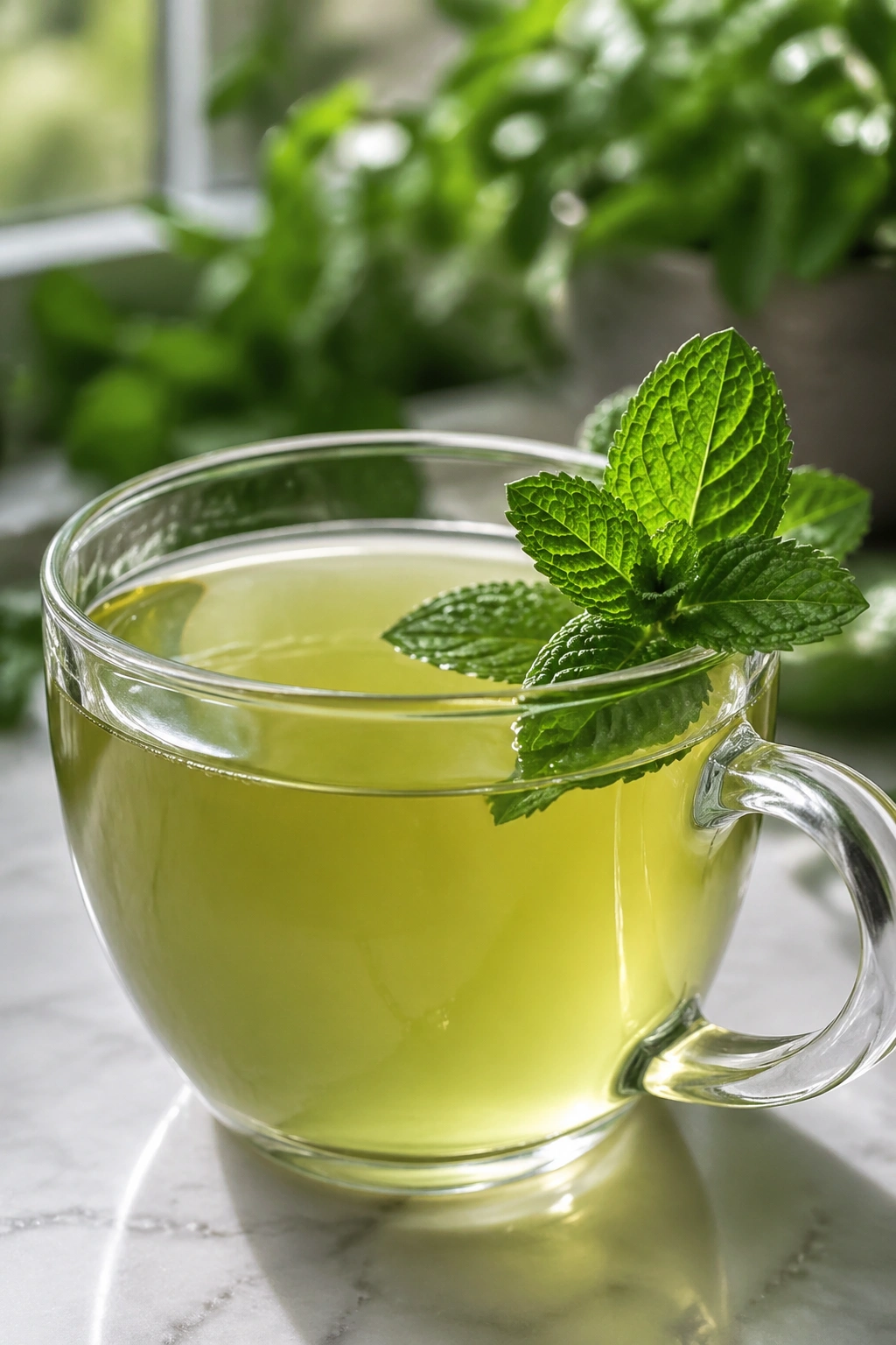 Close-up of spearmint tea with mint leaves on the rim