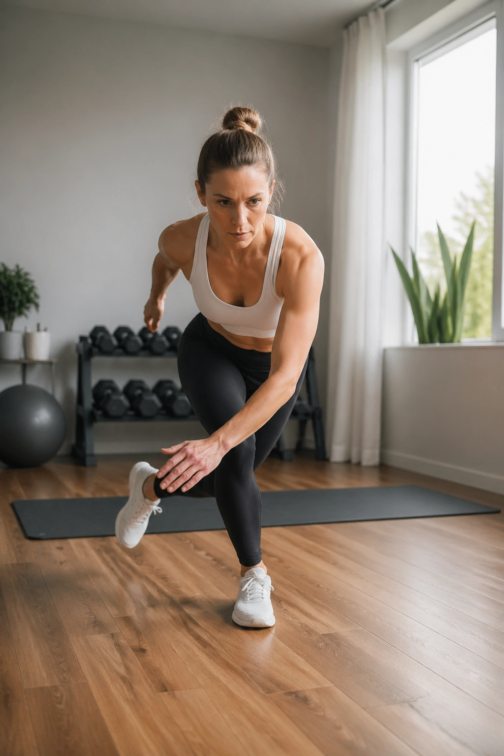 Person performing speed skater step-taps in a home gym, hips and obliques engaged.