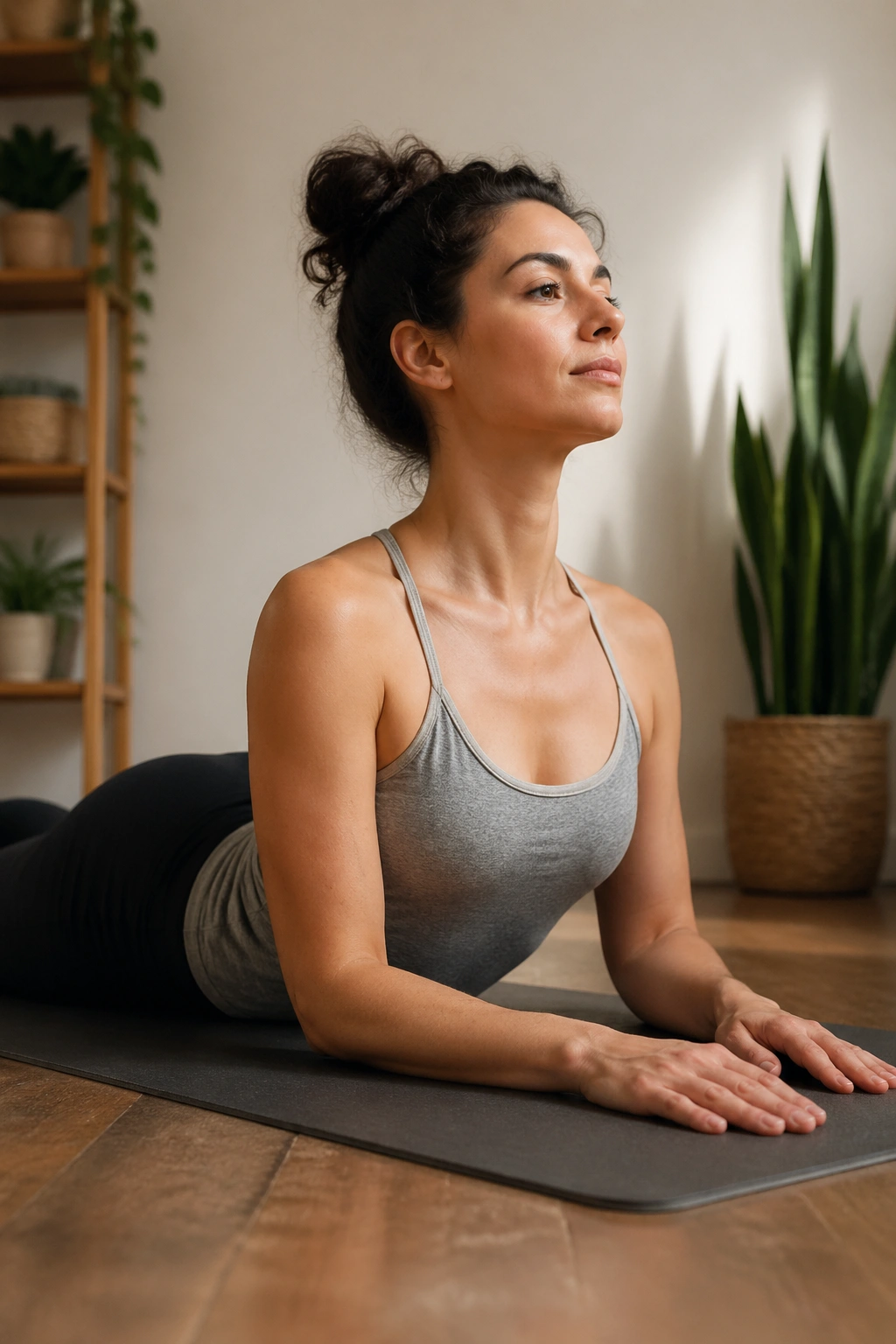 Real person in Sphinx pose with gentle backbend